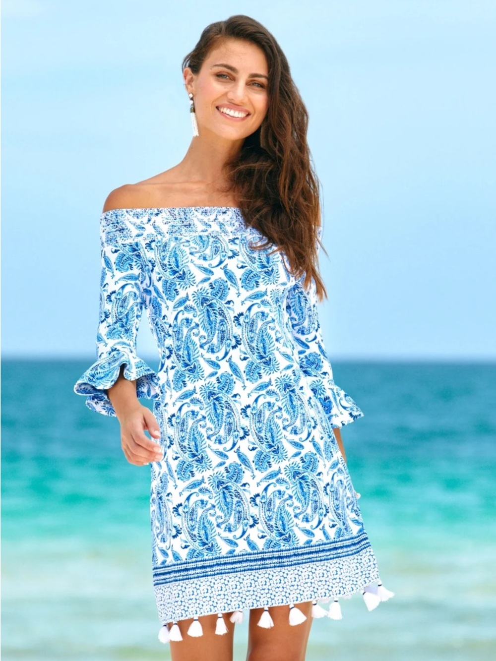 Cabana Life Blue & White Charleston Off the shoulder dress